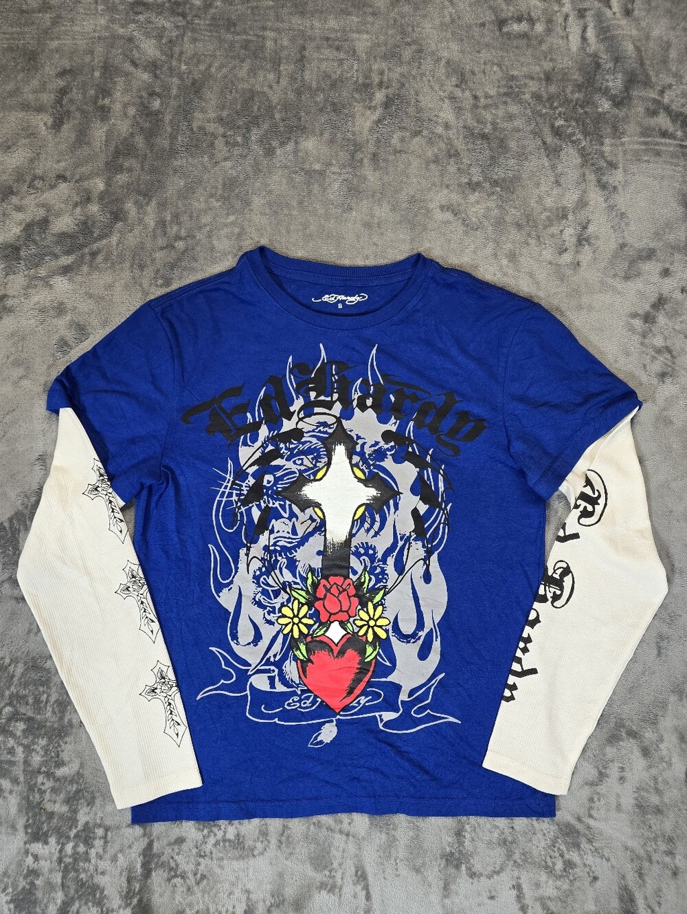 Ed Hardy 2fer Long Sleeve T Shirt Sizr Small Cross Heart French Blue